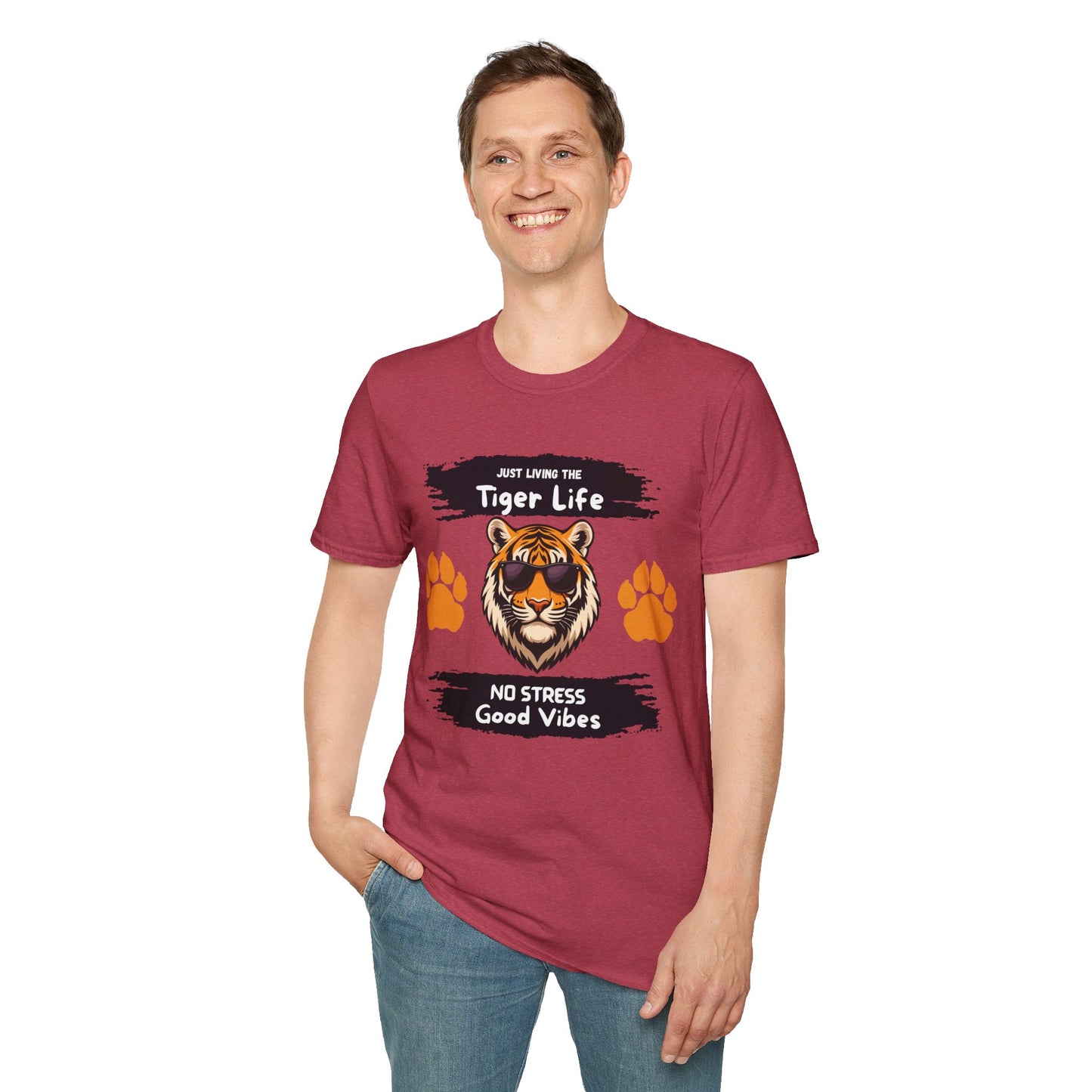 Tiger Life Graphic T-Shirt — "Just Living the Tiger Life" Cute Tiger with Sunglasses, Paw Prints, No Stress Good Vibes
