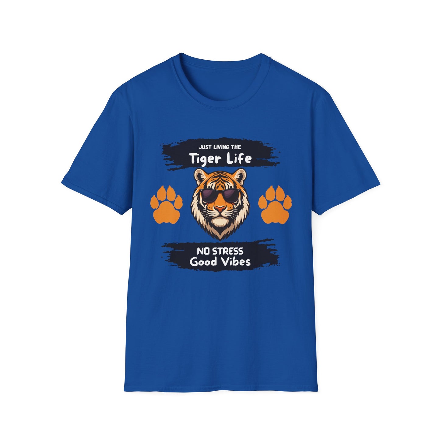 Tiger Life Graphic T-Shirt — "Just Living the Tiger Life" Cute Tiger with Sunglasses, Paw Prints, No Stress Good Vibes