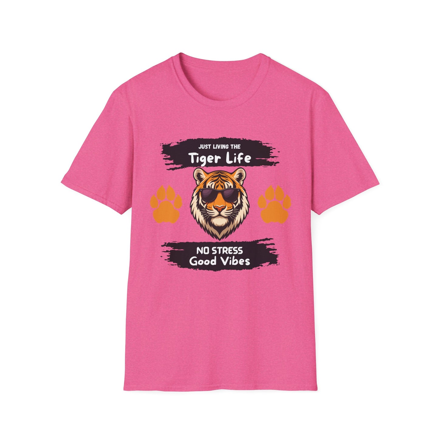 Tiger Life Graphic T-Shirt — "Just Living the Tiger Life" Cute Tiger with Sunglasses, Paw Prints, No Stress Good Vibes