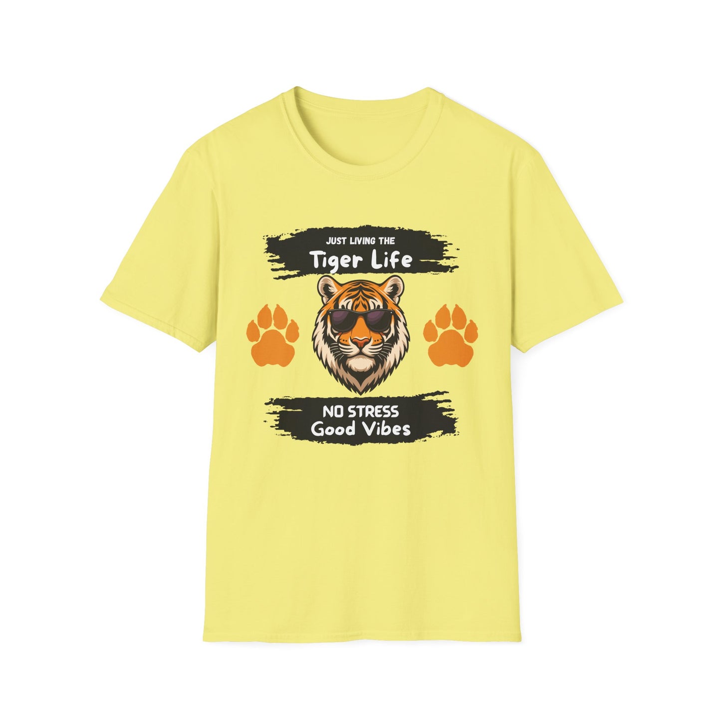 Tiger Life Graphic T-Shirt — "Just Living the Tiger Life" Cute Tiger with Sunglasses, Paw Prints, No Stress Good Vibes