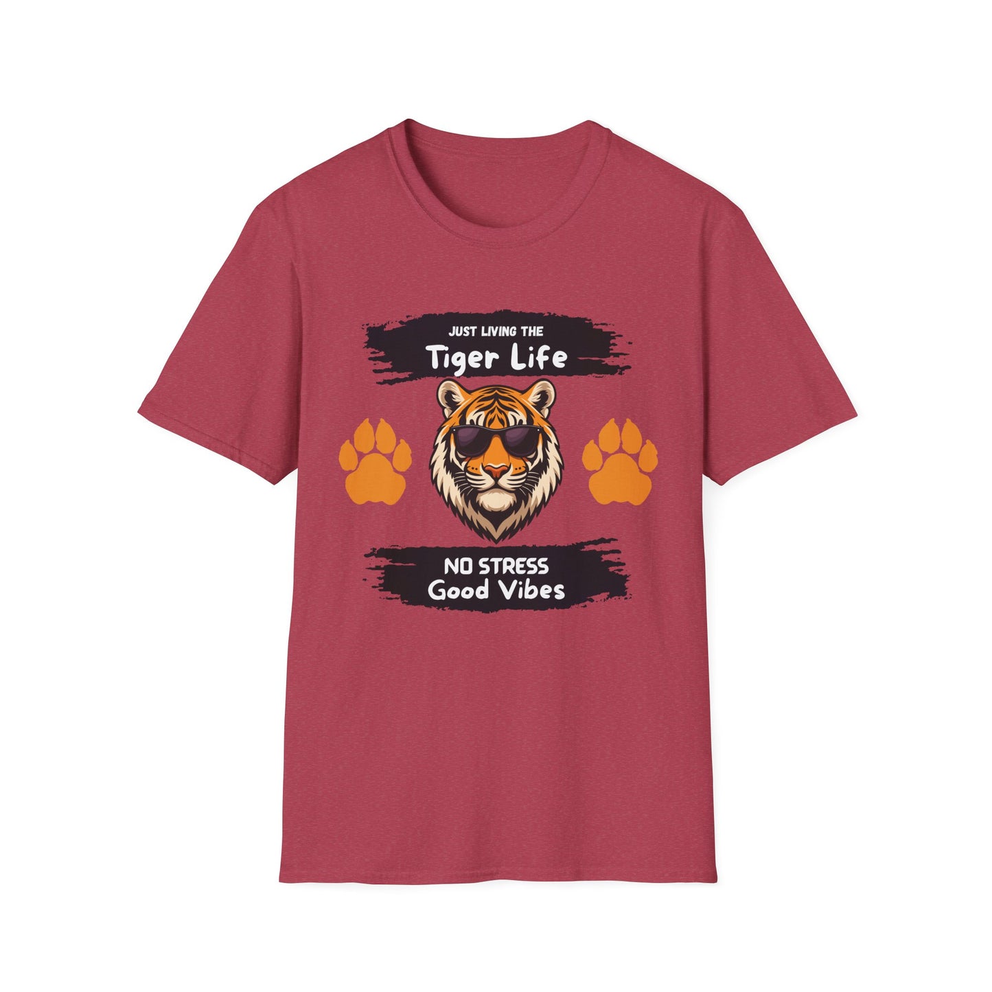 Tiger Life Graphic T-Shirt — "Just Living the Tiger Life" Cute Tiger with Sunglasses, Paw Prints, No Stress Good Vibes