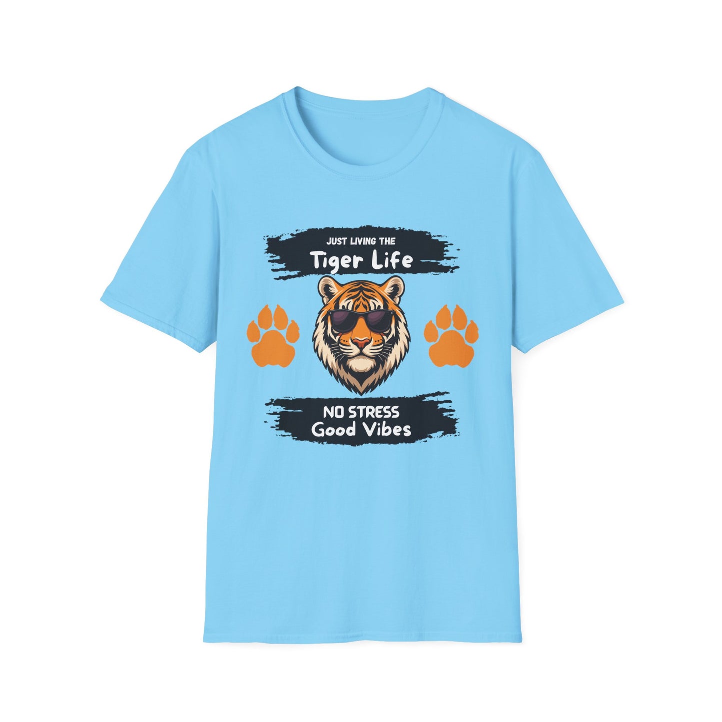 Tiger Life Graphic T-Shirt — "Just Living the Tiger Life" Cute Tiger with Sunglasses, Paw Prints, No Stress Good Vibes