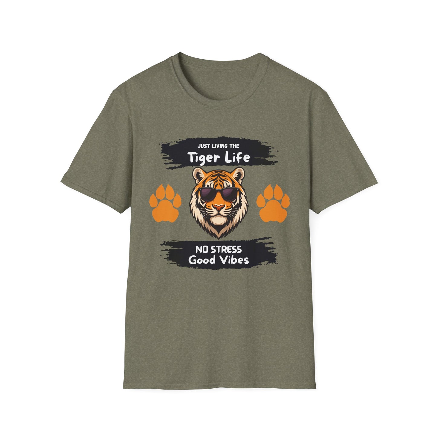 Tiger Life Graphic T-Shirt — "Just Living the Tiger Life" Cute Tiger with Sunglasses, Paw Prints, No Stress Good Vibes