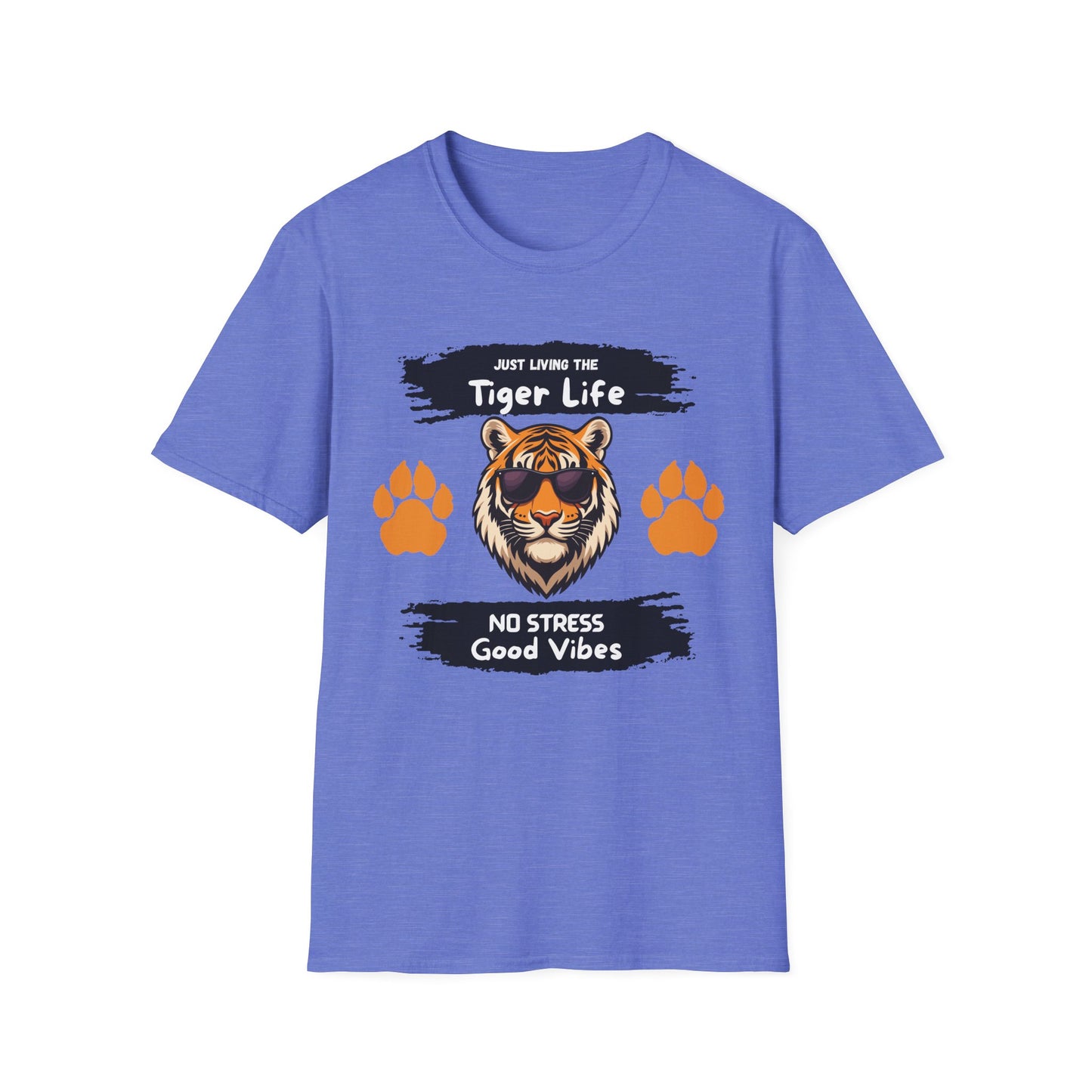 Tiger Life Graphic T-Shirt — "Just Living the Tiger Life" Cute Tiger with Sunglasses, Paw Prints, No Stress Good Vibes