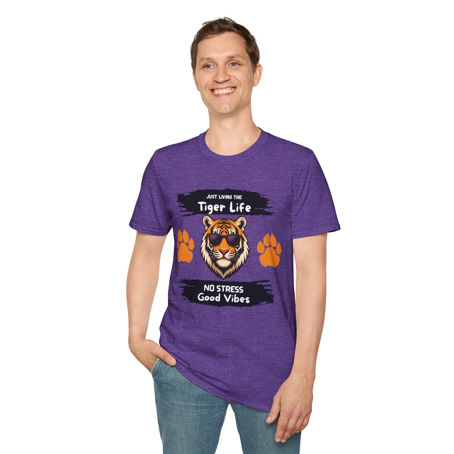Tiger Life Graphic T-Shirt — "Just Living the Tiger Life" Cute Tiger with Sunglasses, Paw Prints, No Stress Good Vibes