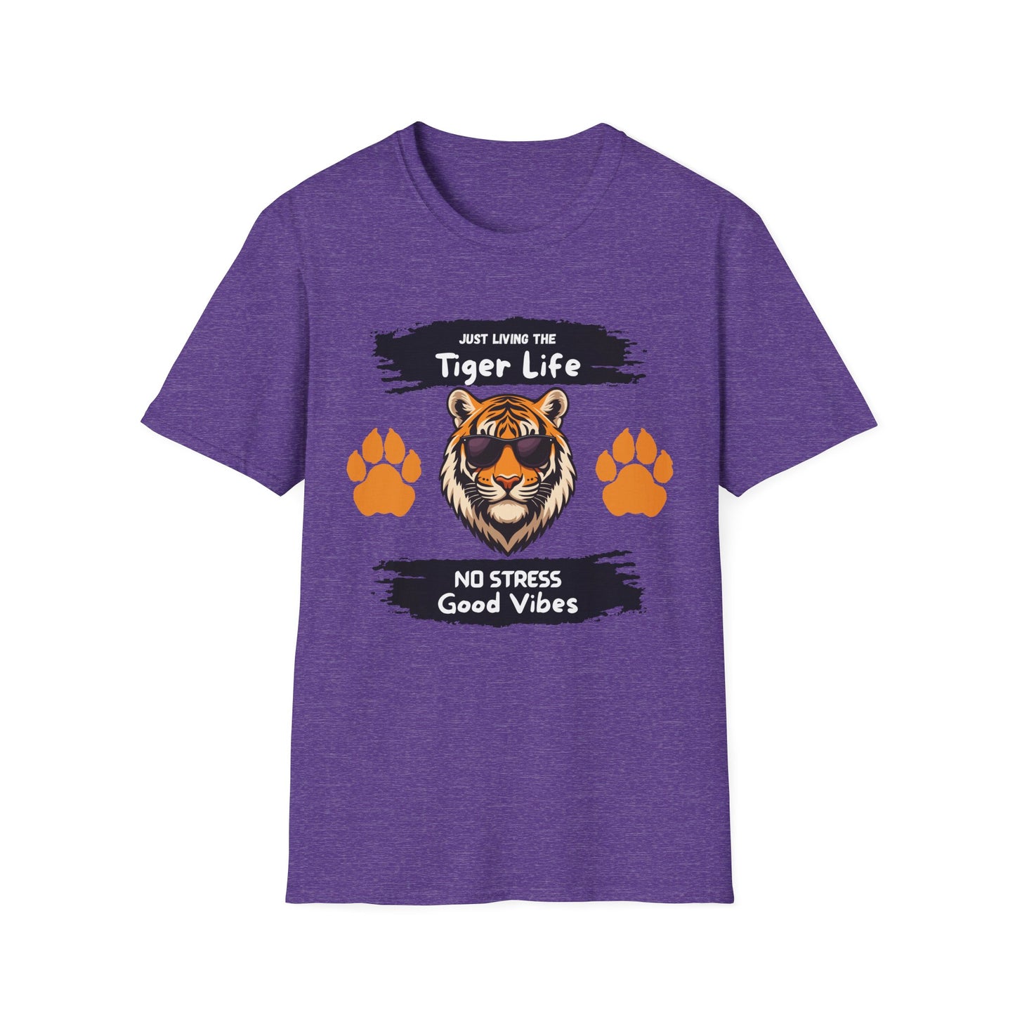 Tiger Life Graphic T-Shirt — "Just Living the Tiger Life" Cute Tiger with Sunglasses, Paw Prints, No Stress Good Vibes
