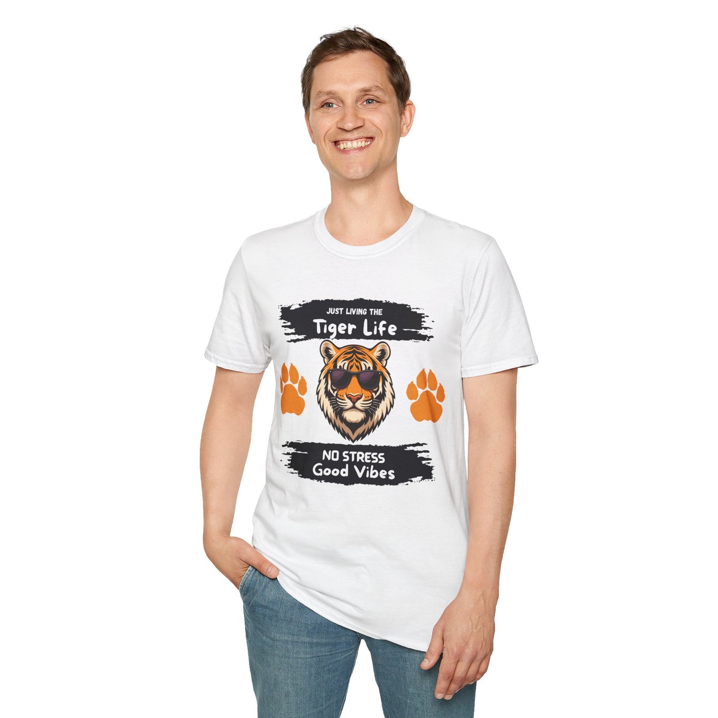 Tiger Life Graphic T-Shirt — "Just Living the Tiger Life" Cute Tiger with Sunglasses, Paw Prints, No Stress Good Vibes