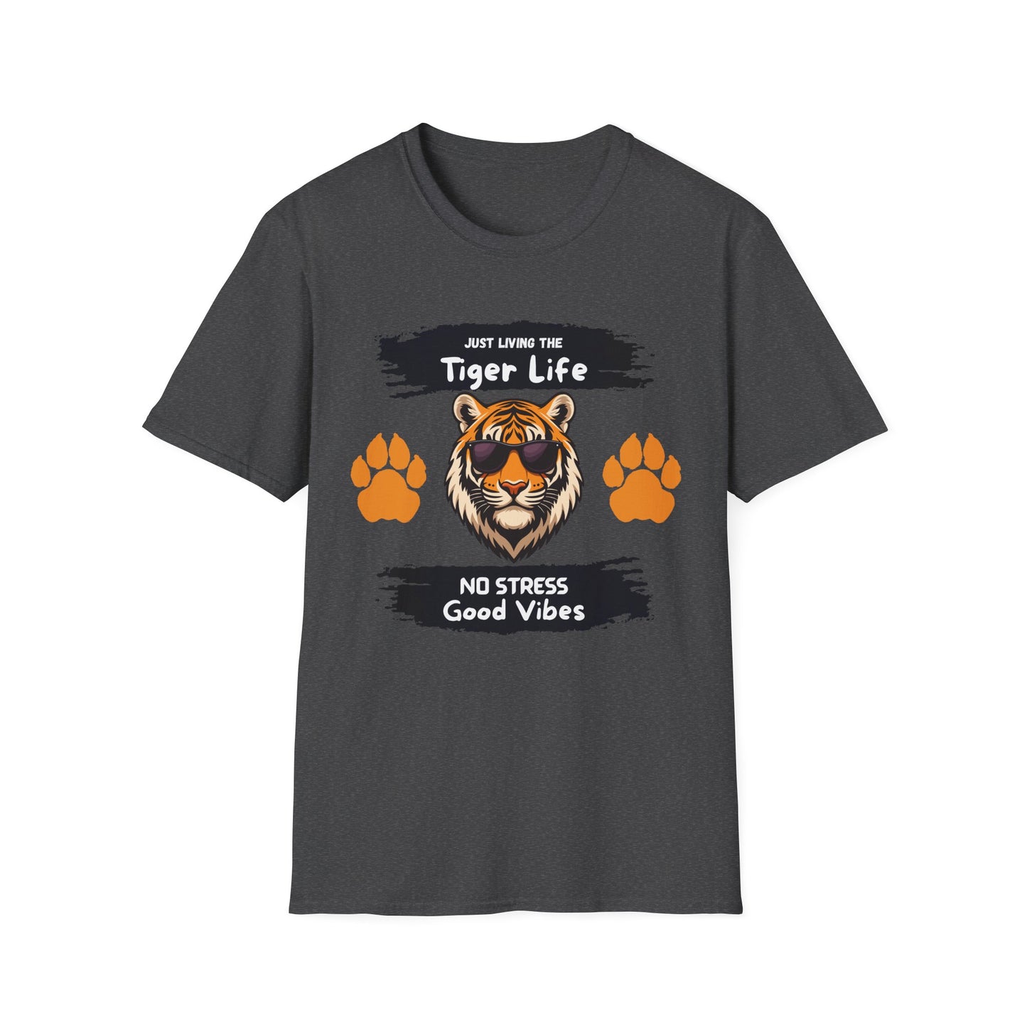 Tiger Life Graphic T-Shirt — "Just Living the Tiger Life" Cute Tiger with Sunglasses, Paw Prints, No Stress Good Vibes