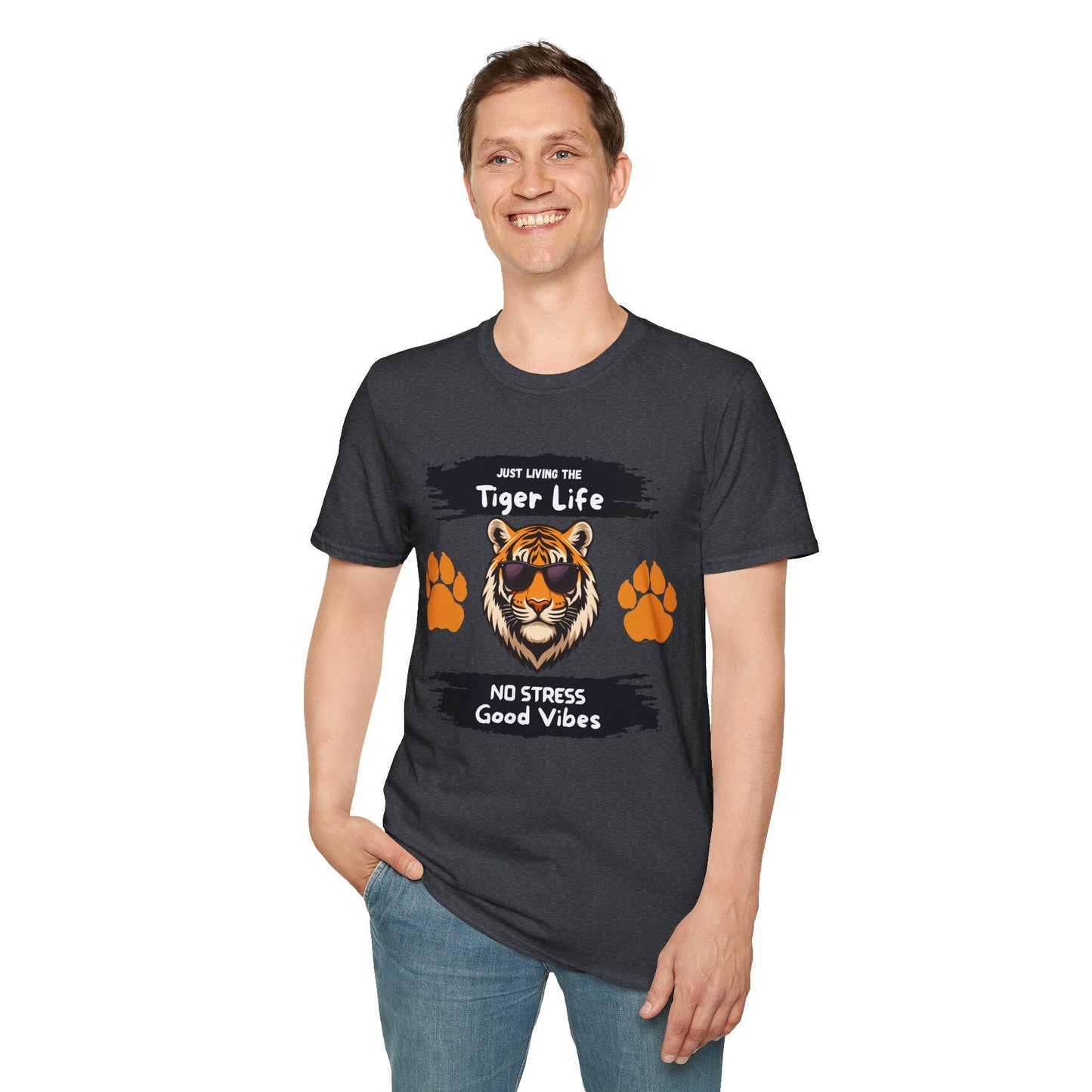 Tiger Life Graphic T-Shirt — "Just Living the Tiger Life" Cute Tiger with Sunglasses, Paw Prints, No Stress Good Vibes