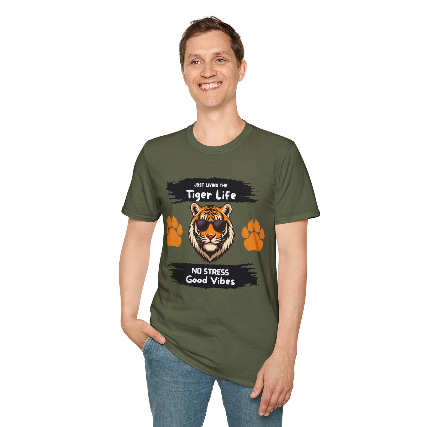 Tiger Life Graphic T-Shirt — "Just Living the Tiger Life" Cute Tiger with Sunglasses, Paw Prints, No Stress Good Vibes