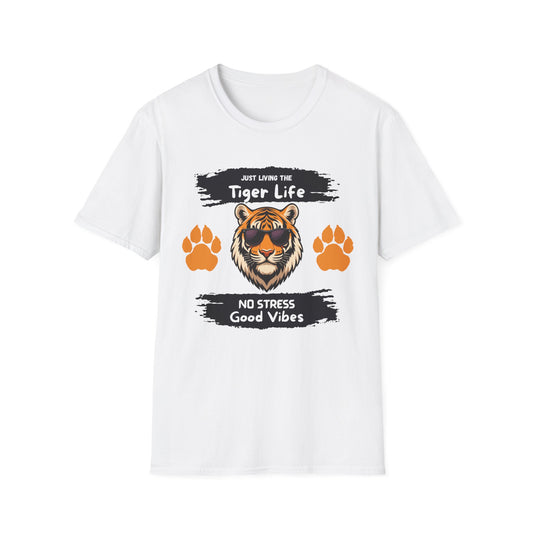 Tiger Life Graphic T-Shirt — "Just Living the Tiger Life" Cute Tiger with Sunglasses, Paw Prints, No Stress Good Vibes