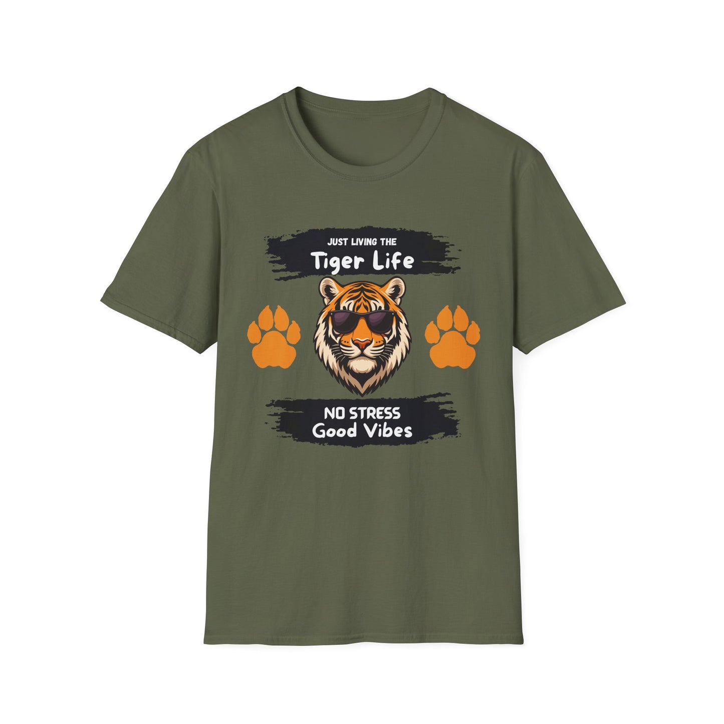 Tiger Life Graphic T-Shirt — "Just Living the Tiger Life" Cute Tiger with Sunglasses, Paw Prints, No Stress Good Vibes