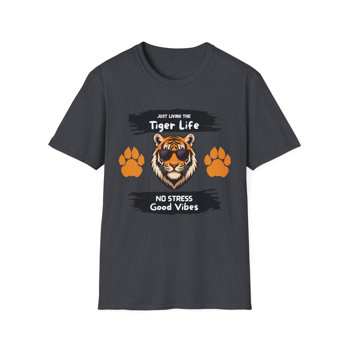 Tiger Life Graphic T-Shirt — "Just Living the Tiger Life" Cute Tiger with Sunglasses, Paw Prints, No Stress Good Vibes