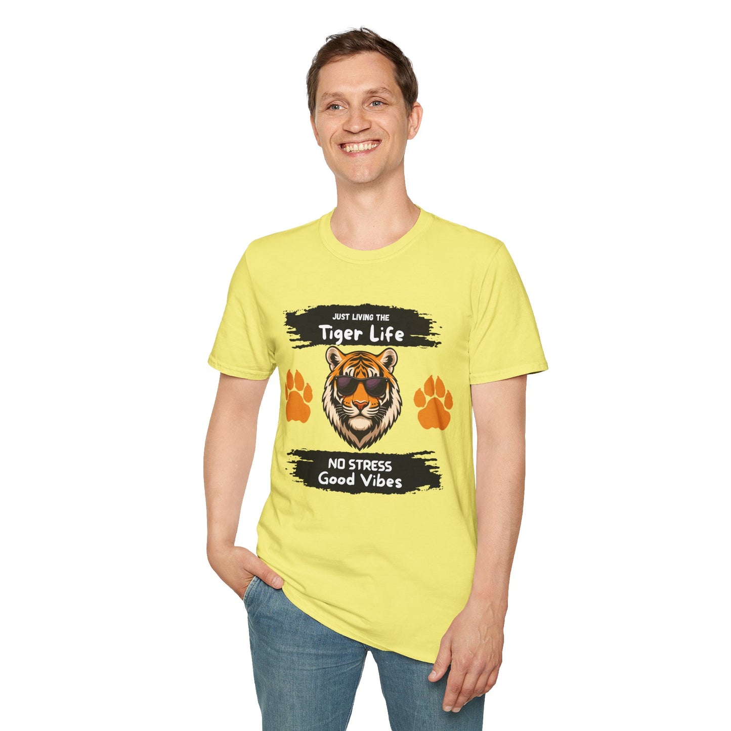 Tiger Life Graphic T-Shirt — "Just Living the Tiger Life" Cute Tiger with Sunglasses, Paw Prints, No Stress Good Vibes