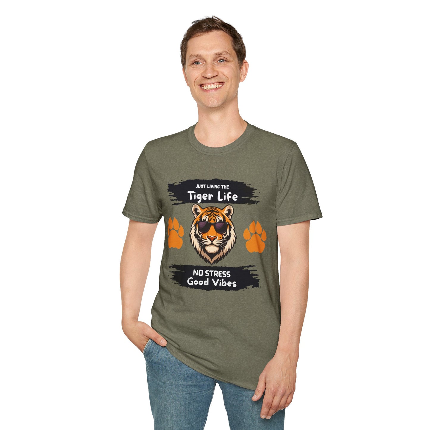 Tiger Life Graphic T-Shirt — "Just Living the Tiger Life" Cute Tiger with Sunglasses, Paw Prints, No Stress Good Vibes