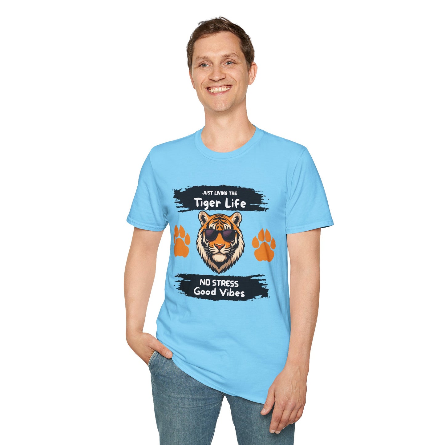 Tiger Life Graphic T-Shirt — "Just Living the Tiger Life" Cute Tiger with Sunglasses, Paw Prints, No Stress Good Vibes