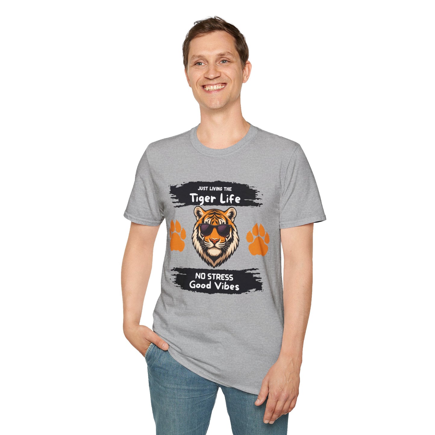 Tiger Life Graphic T-Shirt — "Just Living the Tiger Life" Cute Tiger with Sunglasses, Paw Prints, No Stress Good Vibes