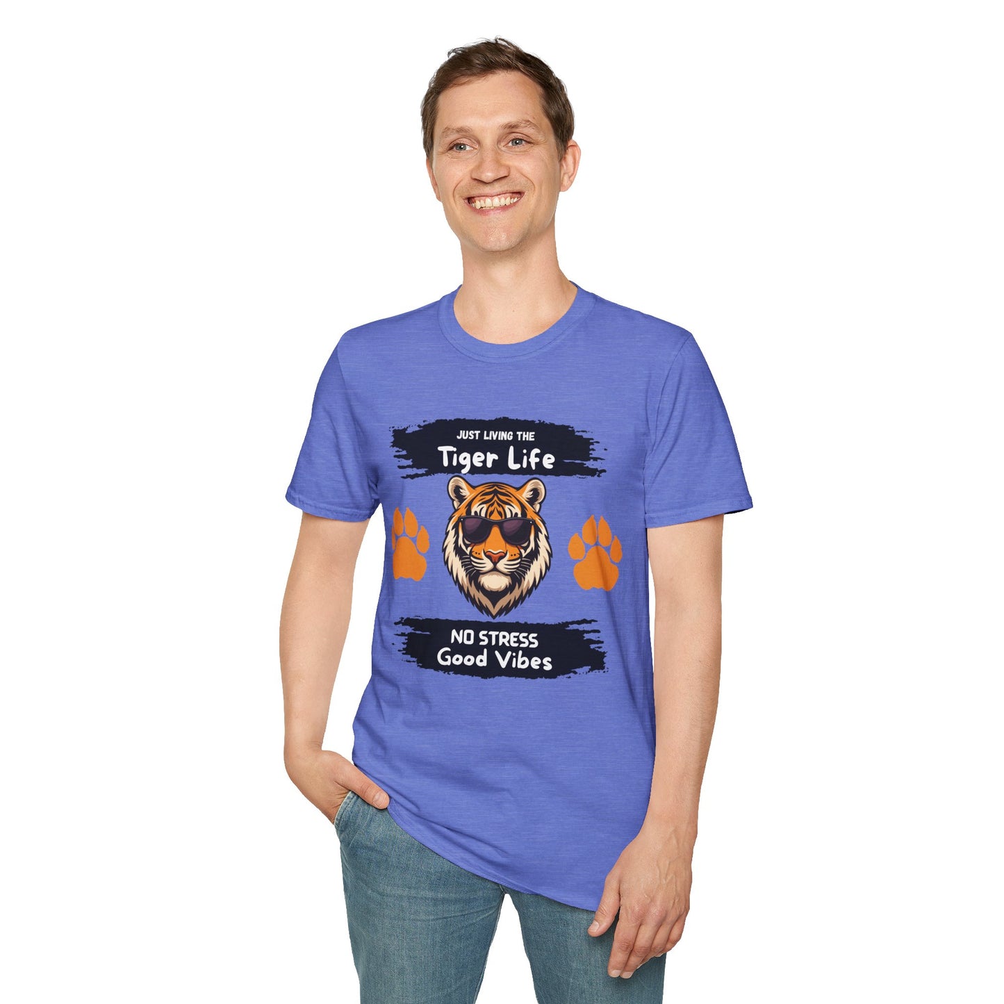 Tiger Life Graphic T-Shirt — "Just Living the Tiger Life" Cute Tiger with Sunglasses, Paw Prints, No Stress Good Vibes