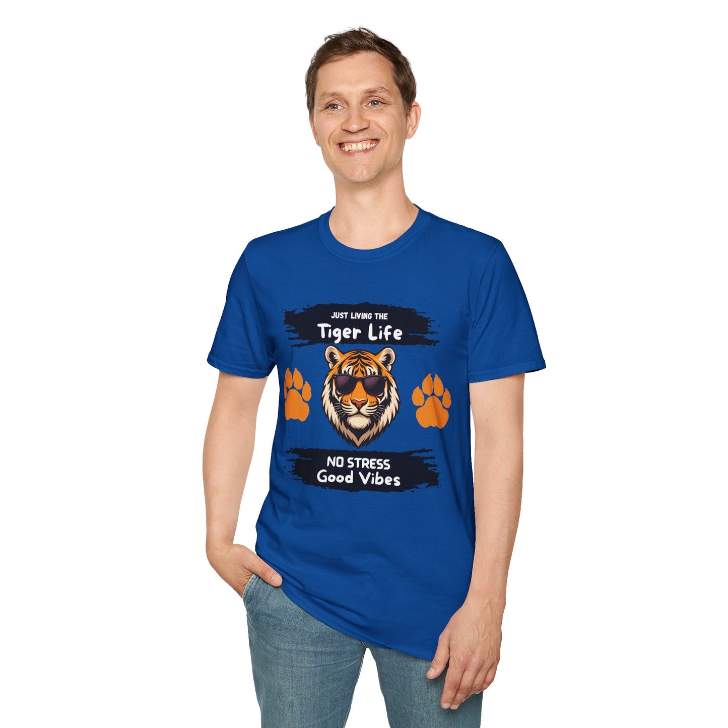 Tiger Life Graphic T-Shirt — "Just Living the Tiger Life" Cute Tiger with Sunglasses, Paw Prints, No Stress Good Vibes