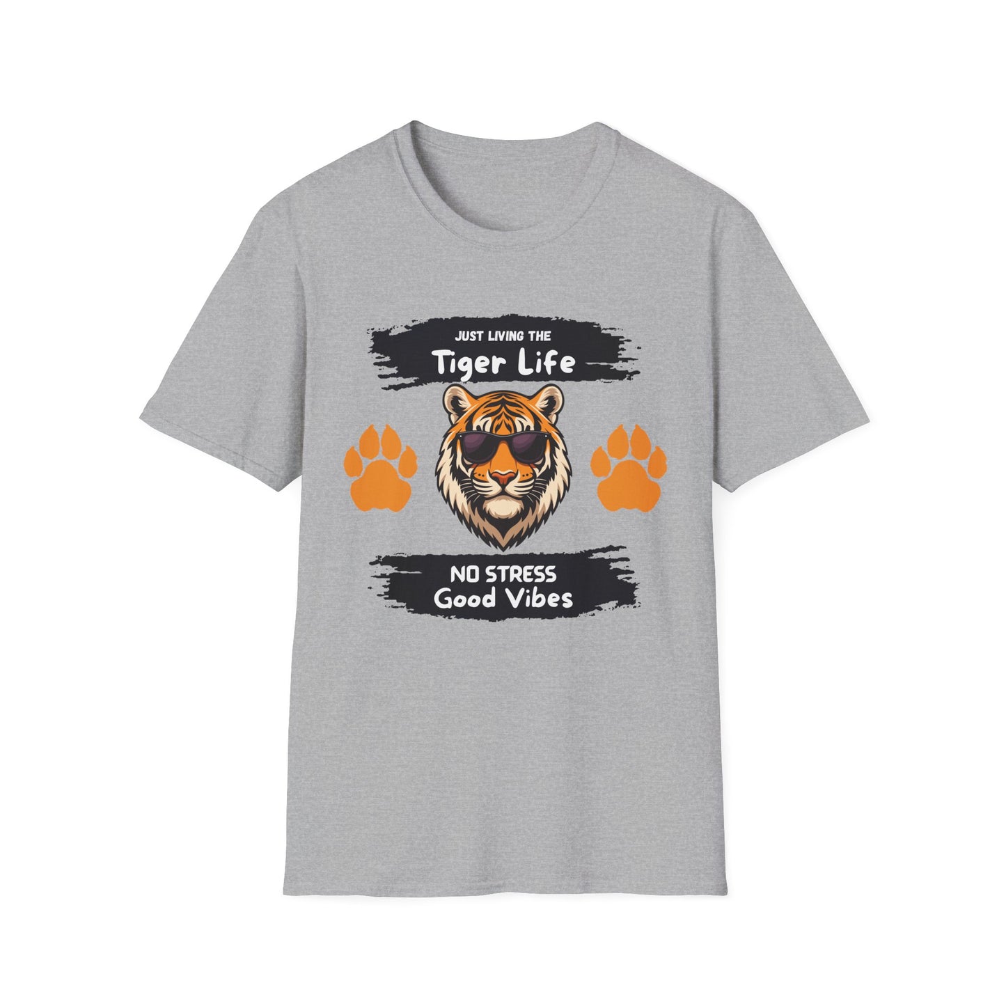 Tiger Life Graphic T-Shirt — "Just Living the Tiger Life" Cute Tiger with Sunglasses, Paw Prints, No Stress Good Vibes